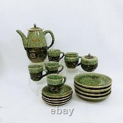 Coffee Tea Set Saucers Plates Somayaki Dbl Wall Soma Ware 15 pc Horse Crackle