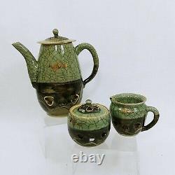 Coffee Tea Set Saucers Plates Somayaki Dbl Wall Soma Ware 15 pc Horse Crackle