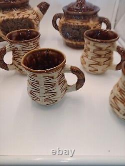 Coffee Tea Set Woven Design Brown Vintage Brown Retro Rare