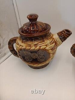 Coffee Tea Set Woven Design Brown Vintage Brown Retro Rare