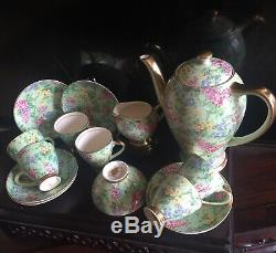 Complete Vintage Green And Gold Chintz Empire Ware Coffee Set For 6. Lilac Time
