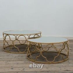 Distressed Gold Gilt Leaf Parisienne Metal Mirrored Set Nest of Coffee Tables