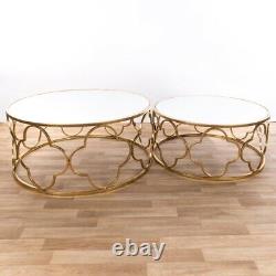 Distressed Gold Gilt Leaf Parisienne Metal Mirrored Set Nest of Coffee Tables