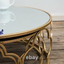 Distressed Gold Gilt Leaf Parisienne Metal Mirrored Set Nest of Coffee Tables