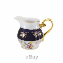 Euro Porcelain Premium 17-pc Dark Cobalt Blue Tea Cup Coffee Set, Vintage Floral