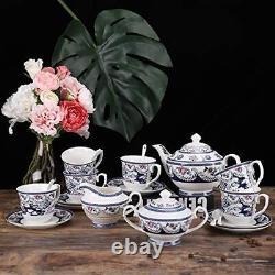 Fanquare 15 Pieces Blue Vintage China Tea Set, Flora Porcelain Coffee Set, Tea P