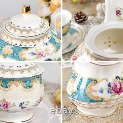 Fanquare 21 Pieces Blue Vintage Porcelain Tea Service, Rose Ceramic Coffee Set