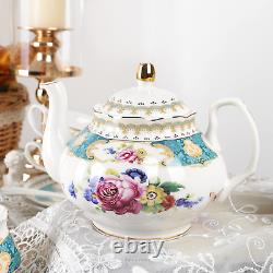 Fanquare 21 Pieces Blue Vintage Porcelain Tea Service, Rose Ceramic Coffee Set