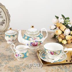 Fanquare 21 Pieces Blue Vintage Porcelain Tea Service, Rose Ceramic Coffee Set