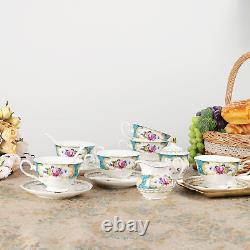 Fanquare 21 Pieces Blue Vintage Porcelain Tea Service, Rose Ceramic Coffee Set