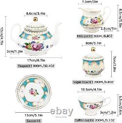 Fanquare 21 Pieces Blue Vintage Porcelain Tea Service, Rose Ceramic Coffee Set