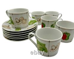 Georges Briard vintage coffee Cups and Saucers, 12 piece set, la salade, signed