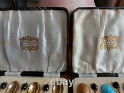 Harrods 2 similar sets vintage enamel and gilt coffee bean spoons circa 1930's