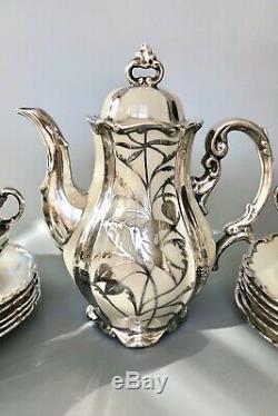 Hertel Jacob Sterling Silver Overlay Porcelain Tea/Coffee Set Art Deco Vintage