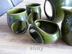 Holkham Vintage Pottery Owl Eye Green Coffee Set 4x Cups Jug & Sugar Bowl