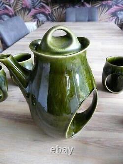 Holkham Vintage Pottery Owl Eye Green Coffee Set 4x Cups Jug & Sugar Bowl