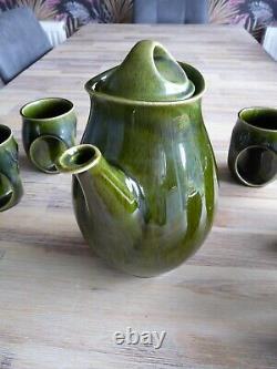 Holkham Vintage Pottery Owl Eye Green Coffee Set 4x Cups Jug & Sugar Bowl