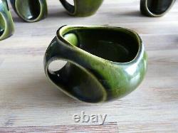 Holkham Vintage Pottery Owl Eye Green Coffee Set 4x Cups Jug & Sugar Bowl