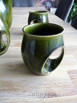 Holkham Vintage Pottery Owl Eye Green Coffee Set 4x Cups Jug & Sugar Bowl