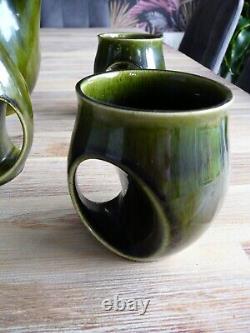 Holkham Vintage Pottery Owl Eye Green Coffee Set 4x Cups Jug & Sugar Bowl