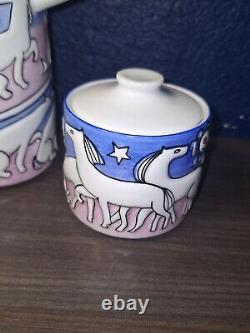 MCM Coffee Set Vintage Sargadelos SPAIN Pink Blue Pottery Horses Stars MINT