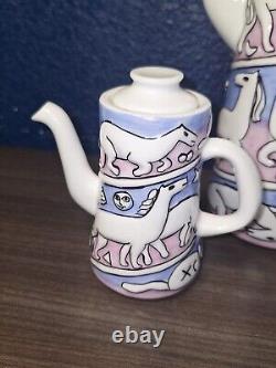 MCM Coffee Set Vintage Sargadelos SPAIN Pink Blue Pottery Horses Stars MINT