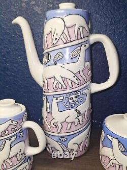 MCM Coffee Set Vintage Sargadelos SPAIN Pink Blue Pottery Horses Stars MINT