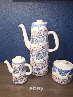 MCM Coffee Set Vintage Sargadelos SPAIN Pink Blue Pottery Horses Stars MINT