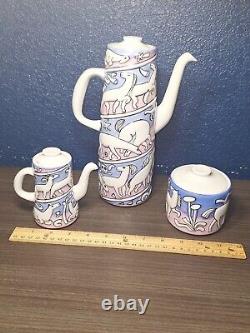 MCM Coffee Set Vintage Sargadelos SPAIN Pink Blue Pottery Horses Stars MINT