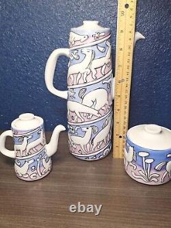 MCM Coffee Set Vintage Sargadelos SPAIN Pink Blue Pottery Horses Stars MINT