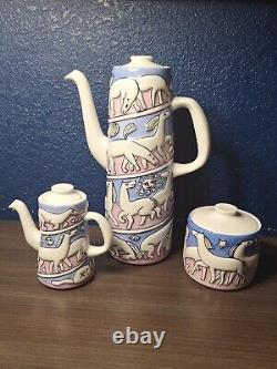 MCM Coffee Set Vintage Sargadelos SPAIN Pink Blue Pottery Horses Stars MINT