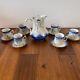 Magnolia Cocoa Coffee Pot Blue White With6 Cups Saucers Vintage Lot 14 Gold Rim