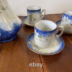 Magnolia Cocoa Coffee Pot Blue White with6 Cups Saucers Vintage Lot 14 Gold Rim