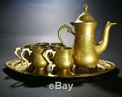 Middle Eastern Vintage 8 Piece Brass Coffee Set Ornament 6 Cups, Jug & Tray Kit