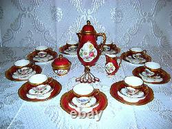 No Teapot! Antique Vtg German Lindner Kueps HP Porceln Red Floral Tea Coffee Set