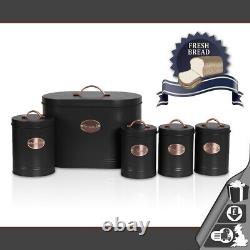 Oval Bread Bin 5pc Set With Biscuit, Tea, Coffee, Sugar Canisters Vintage Black