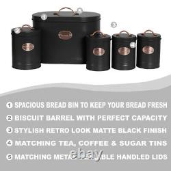 Oval Bread Bin 5pc Set With Biscuit, Tea, Coffee, Sugar Canisters Vintage Black