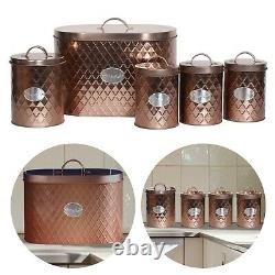 Oval Bread Bin 5pc Set With Biscuit, Tea, Coffee, Sugar Canisters Vintage Copper