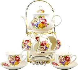 Porcelain Bone china Tea Coffee Set Gift Vintage Golden Metal Rack Handpaint