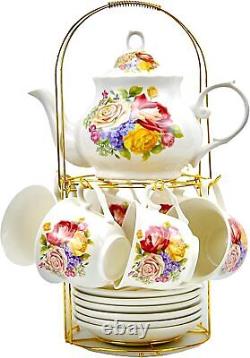 Porcelain Bone china Tea Coffee Set Gift Vintage Golden Metal Rack Handpaint