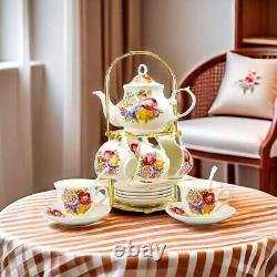 Porcelain Bone china Tea Coffee Set Gift Vintage Golden Metal Rack Handpaint