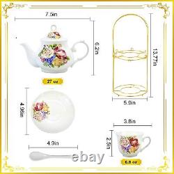 Porcelain Bone china Tea Coffee Set Gift Vintage Golden Metal Rack Handpaint