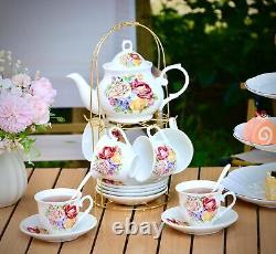 Porcelain Bone china Tea Coffee Set Gift Vintage Golden Metal Rack Handpaint