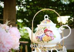 Porcelain Bone china Tea Coffee Set Gift Vintage Golden Metal Rack Handpaint
