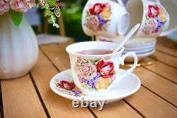 Porcelain Bone china Tea Coffee Set Gift Vintage Golden Metal Rack Handpaint