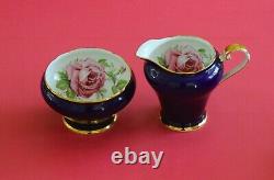 RARE Vintage Aynsley Tea/Coffee Pot Set Cups Saucers Cobalt Blue Pink Roses Gold