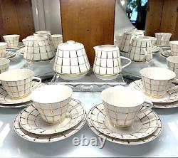 Rare VTG Verbilki Dmitrov Russian Porcelain White Gold Coffee/Tea Set for 6 MINT