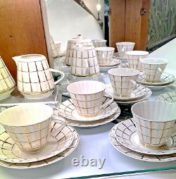 Rare VTG Verbilki Dmitrov Russian Porcelain White Gold Coffee/Tea Set for 6 MINT