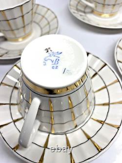 Rare VTG Verbilki Dmitrov Russian Porcelain White Gold Coffee/Tea Set for 6 MINT