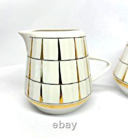 Rare VTG Verbilki Dmitrov Russian Porcelain White Gold Coffee/Tea Set for 6 MINT